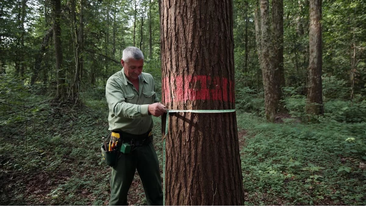 Forestier mesurant un arbre marqué en forêt pour système d'abonnement blockchain traçabilité arbres 2025