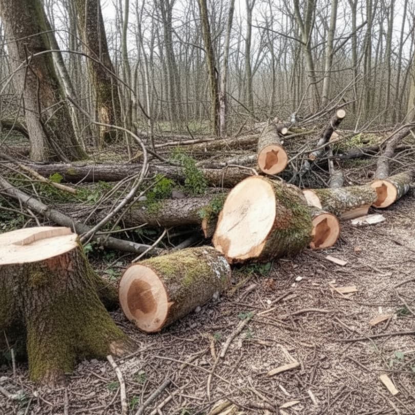 Frênes abattus en forêt avec troncs coupés éparpillés montrant gestion sanitaire après contamination chalarose massive