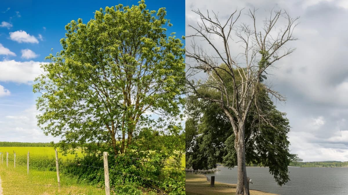 Comparaison avant/après d'un frêne commun : arbre sain à gauche versus arbre mort par chalarose à droite