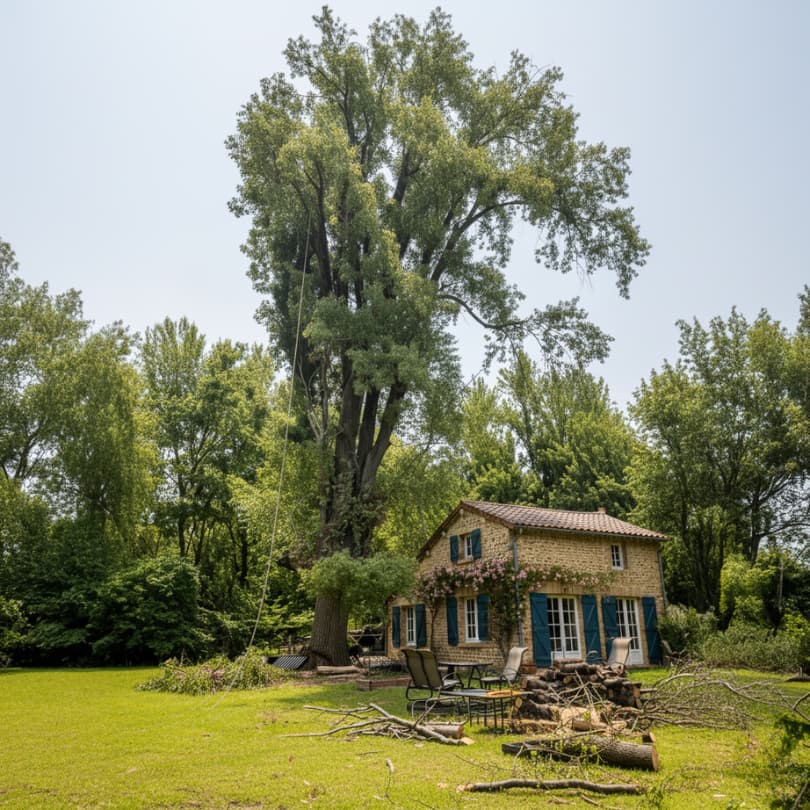 Frêne centenaire majestueux dominant jardin résidentiel avec houppier dense étalé et tronc élancé de plusieurs dizaines mètres