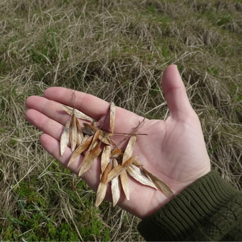 Graines de frêne (samares ailées) dans une main montrant forme oblongue caractéristique et aile membraneuse plate