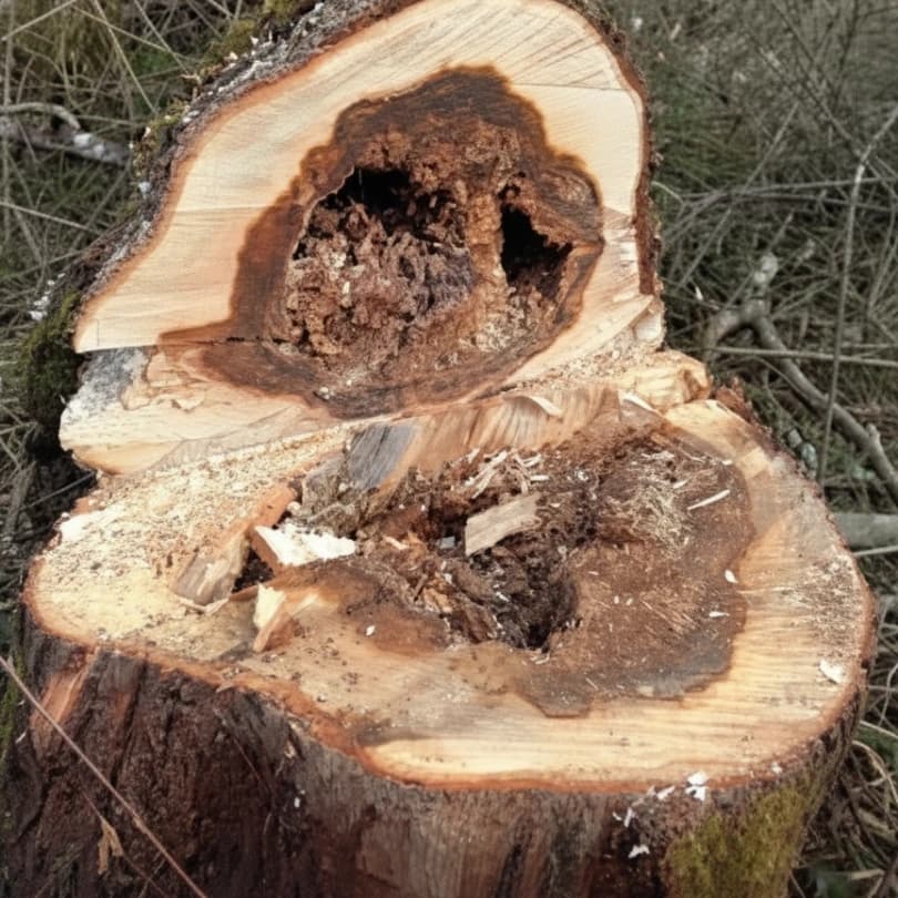 Coupe transversale tronc frêne révélant pourriture brune extensive au cœur du bois avec cavité nécrotique centrale