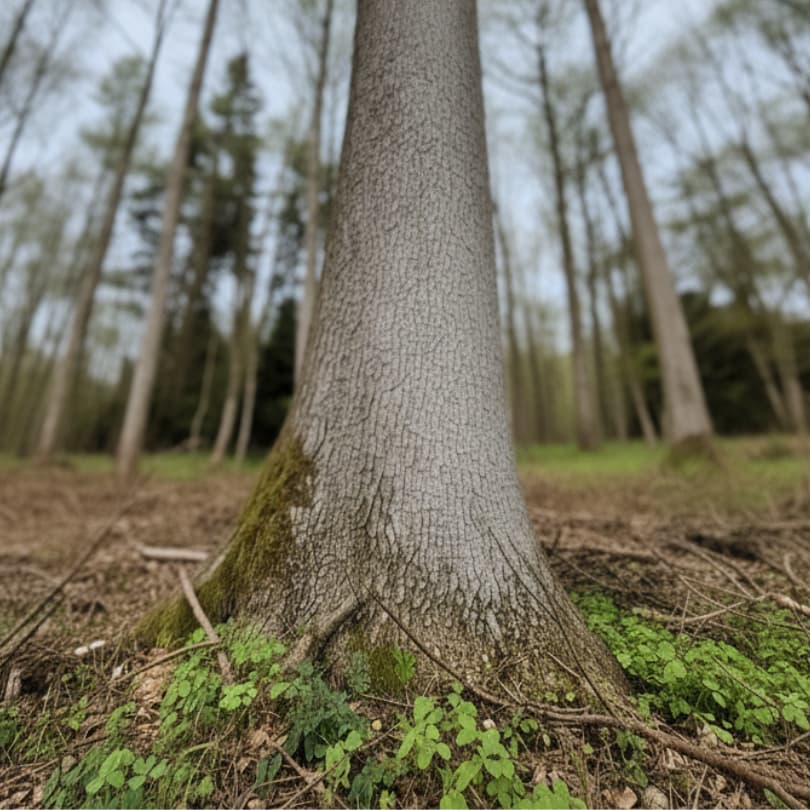 Base tronc frêne mature montrant écorce grise caractéristique profondément crevassée en motif losanges entrecroisés nets