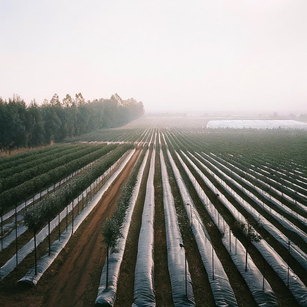 Vue aérienne d'un champ agricole avec des rangées parallèles de cultures protégées par des bâches plastiques blanches, s'étendant vers l'horizon brumeux avec des arbres et une serre en arrière-plan