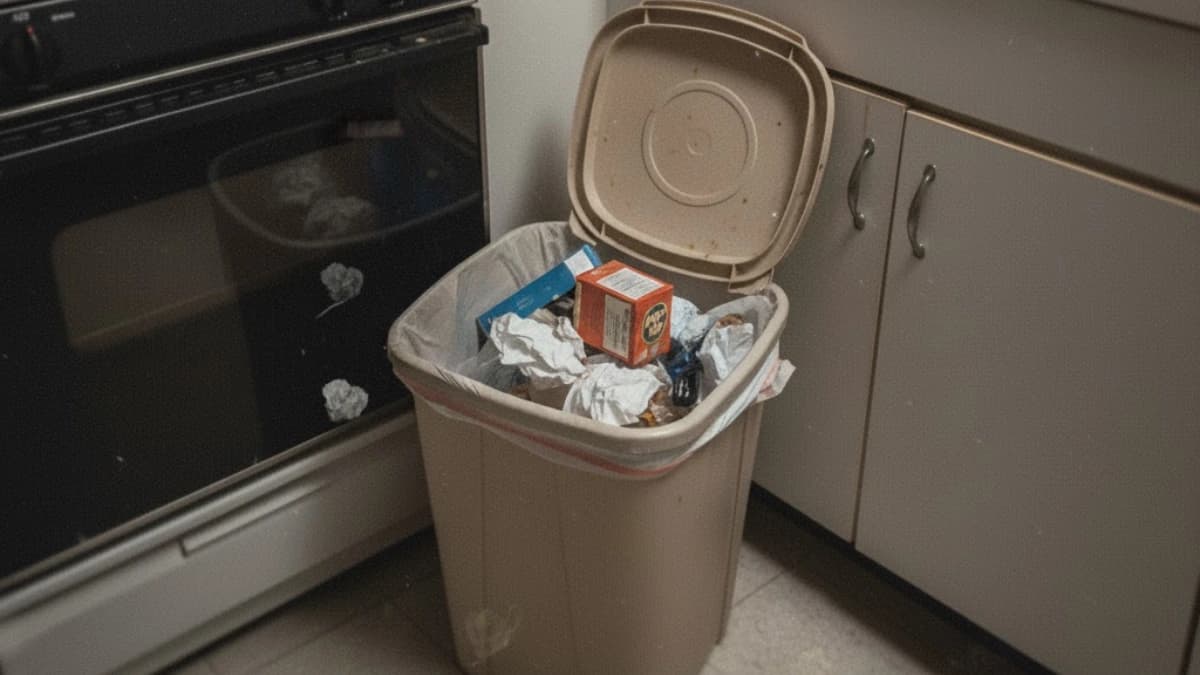 Poubelle de tri sélectif beige ouverte dans cuisine moderne remplie de déchets recyclables mélangés (cartons, plastiques, papiers froissés) illustrant difficulté du tri quotidien