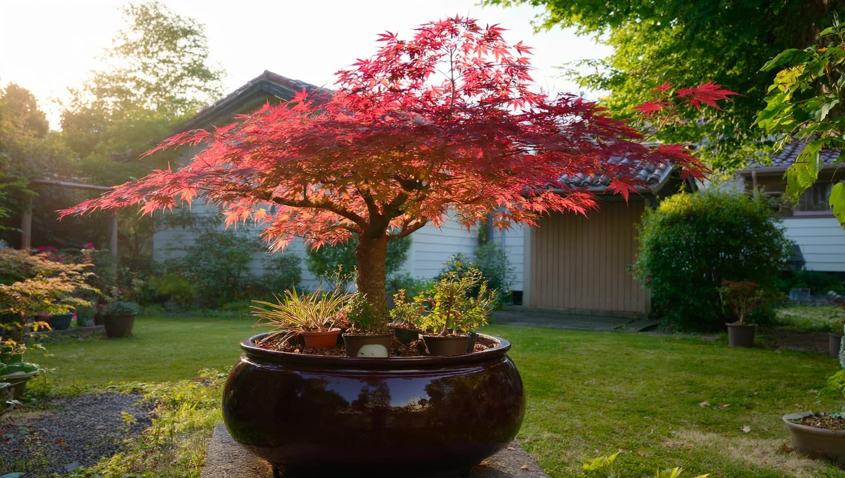 Acer palmatum en pot, dont le feuillage rouge vif est transpercé par la lumière du soleil dans un jardin verdoyant.