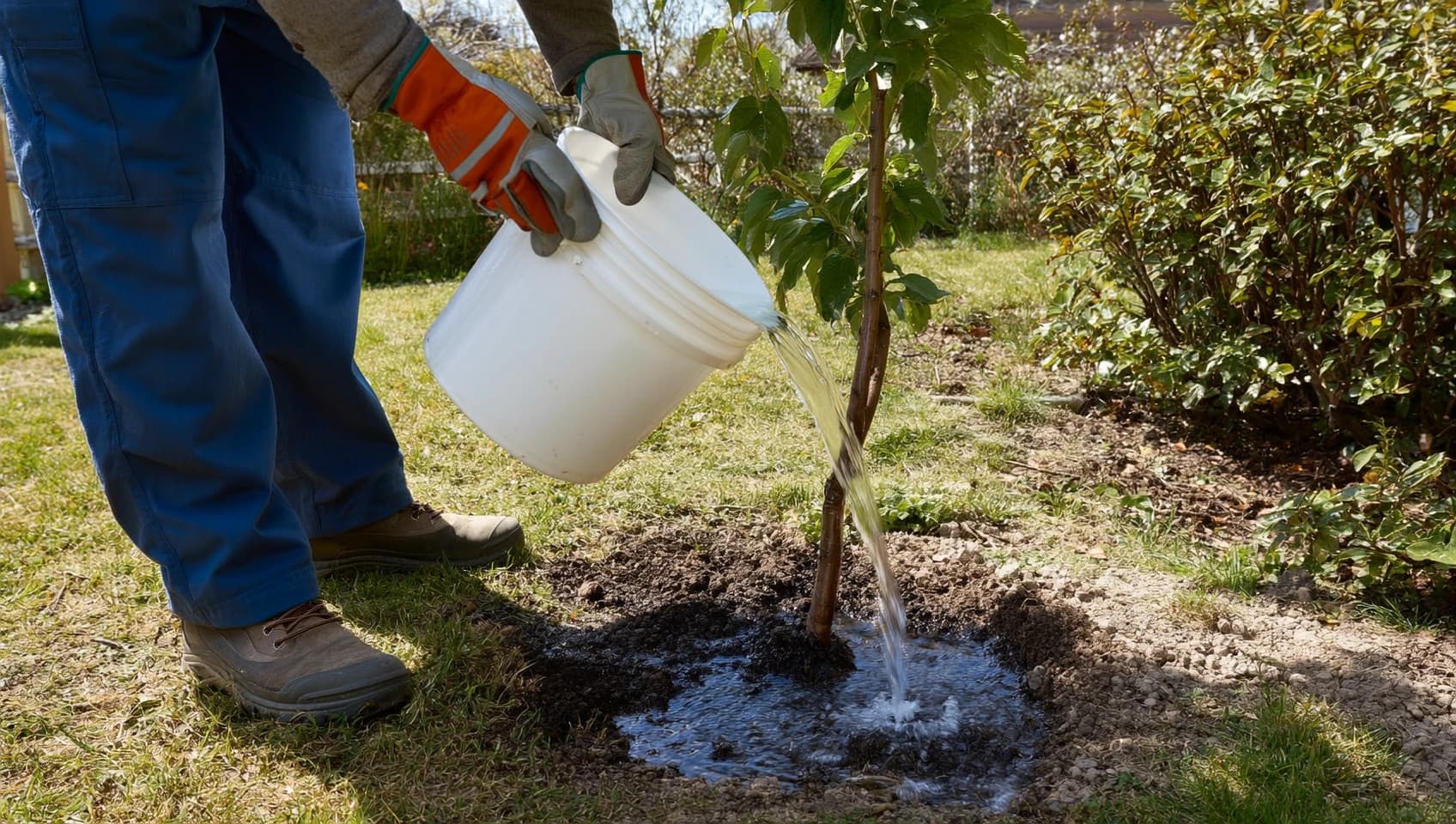 Jardinier appliquant un traitement phytosanitaire liquide sur jeune arbre nouvellement planté dans jardin résidentiel