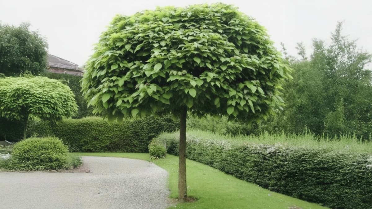 Catalpa boule (Catalpa bignonioides 'Nana') mature avec feuillage dense et arrondi en jardin paysager avec haies environnantes