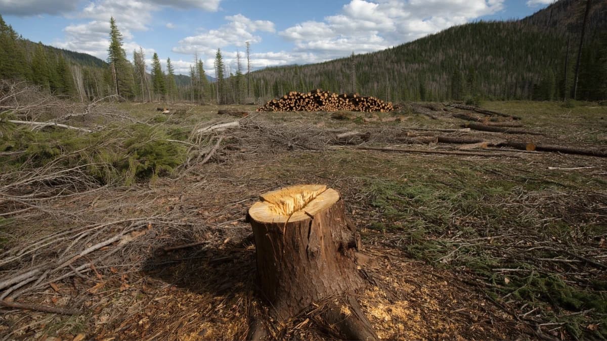 Chantier de déforestation en montagne avec troncs sciés empilés, forêt dégradée en arrière-plan, illustration impacts changement climatique sur destruction écosystèmes forestiers