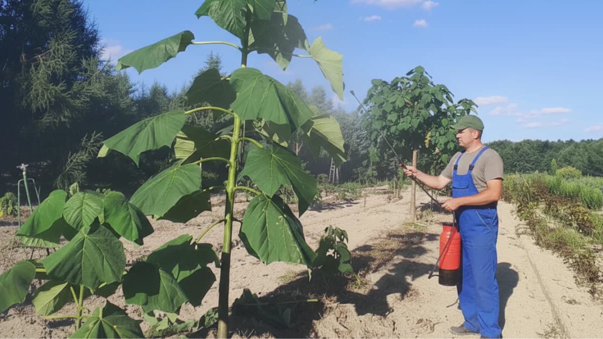 Paulownia en croissance inspecté par jardinier en bleu dans pépinière, diagnostic et évaluation de santé de l'arbre