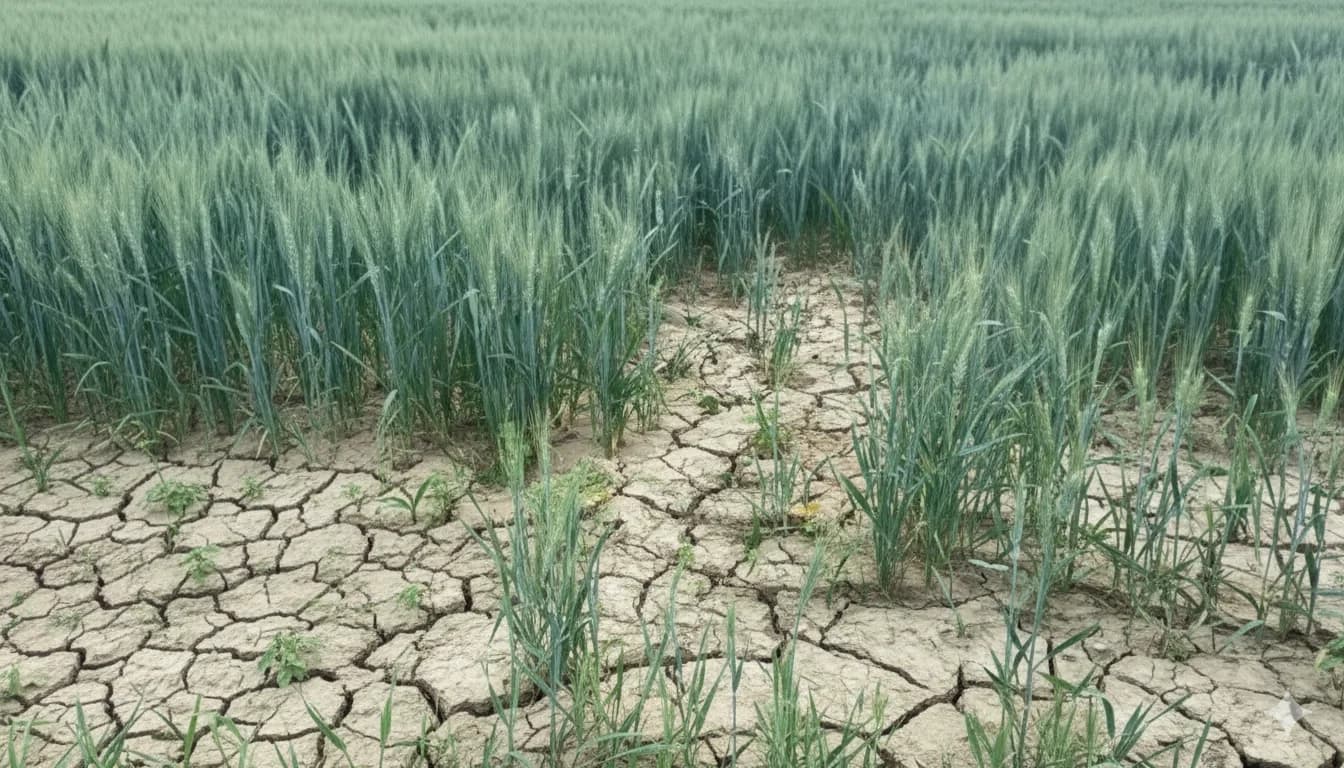 Champ de céréales touché par sécheresse sévère liée au réchauffement climatique avec sol fissuré et craquelé