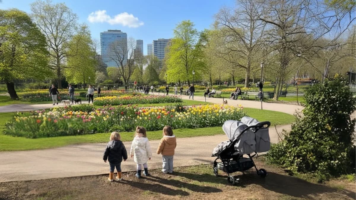 Solastalgie concept : enfants et familles dans parc urbain avec tulipes multicolores au printemps, contraste nature-ville