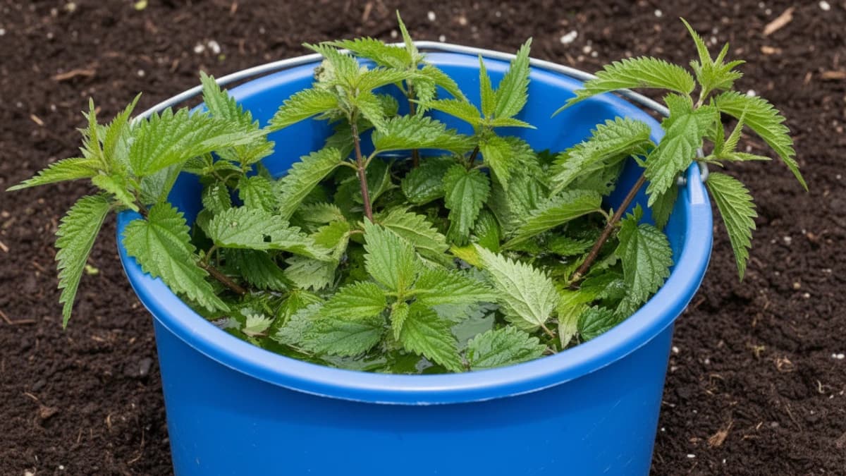 Préparation de purin d'orties avec feuilles fraîches d'ortie commune dans seau bleu avant fermentation