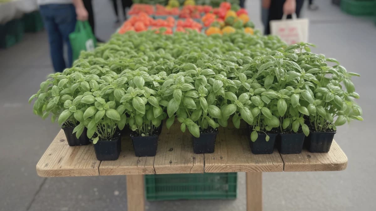 Plants de basilic prêts à repiquer en godets individuels sur table de marché avec légumes frais
