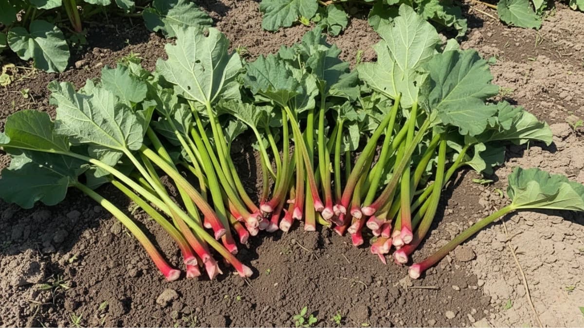 Rhubarbe fraîchement récoltée au jardin potager avec tiges épaisses rouge-rose et vert clair, entourée de grandes feuilles vertes lobées étalées sur sol cultivé