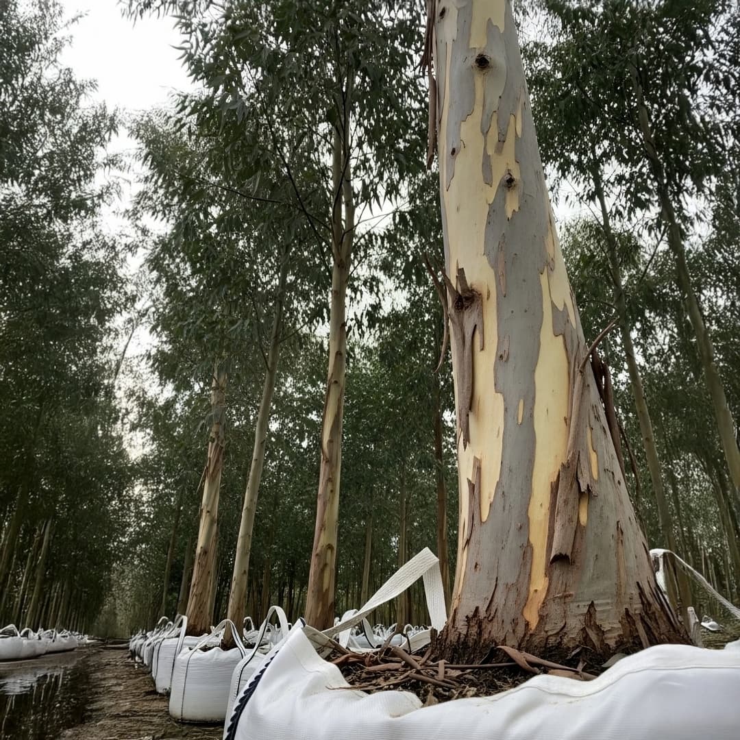 Eucalyptus mature planté avec système traçable montrant croissance réussie et développement sain plusieurs années après plantation